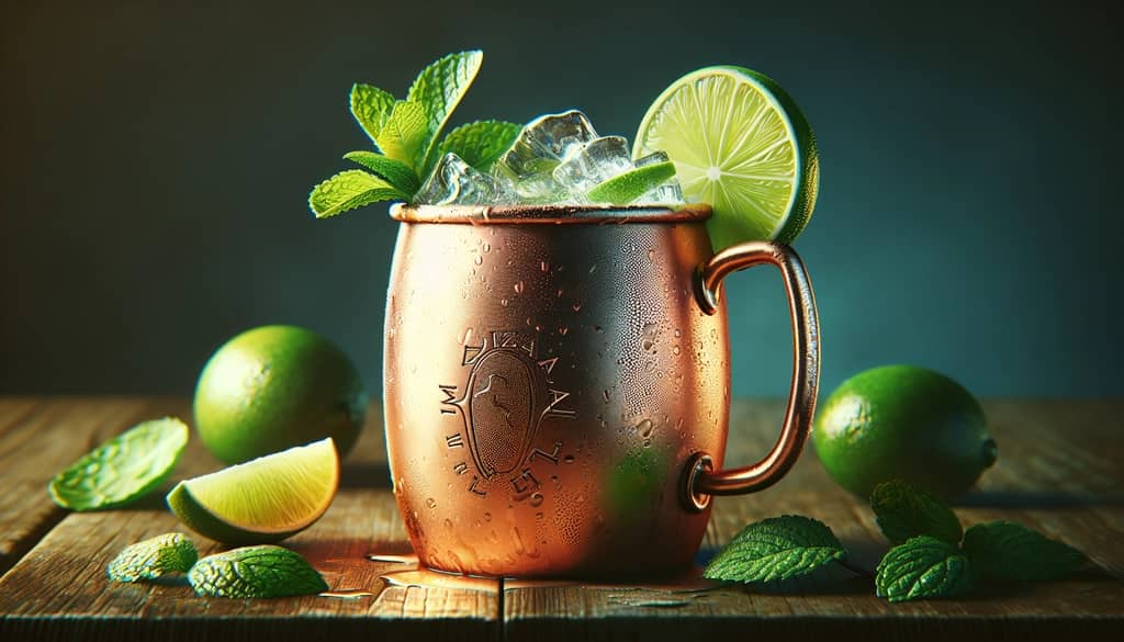 A refreshing Mezcal Mule cocktail garnished with lime and mint in a traditional copper mug