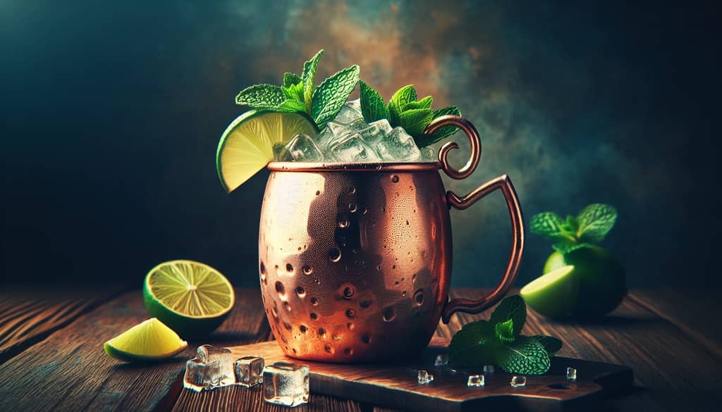 A refreshing Mezcal Mule cocktail in a copper mug with lime and mint garnishes, capturing the smoky twist on a classic mule.
