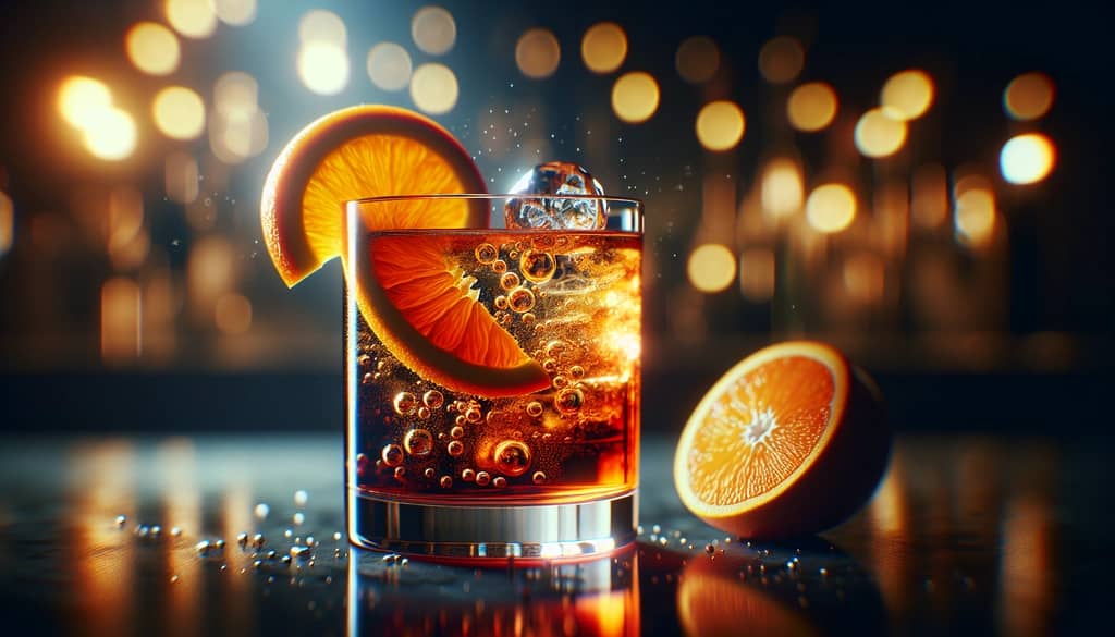 A refreshing Negroni Sbagliato cocktail with a slice of orange and bubbles from prosecco