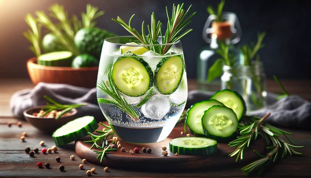 A refreshing non-alcoholic gin and tonic garnished with fresh cucumber and rosemary, representing a paleo-friendly choice