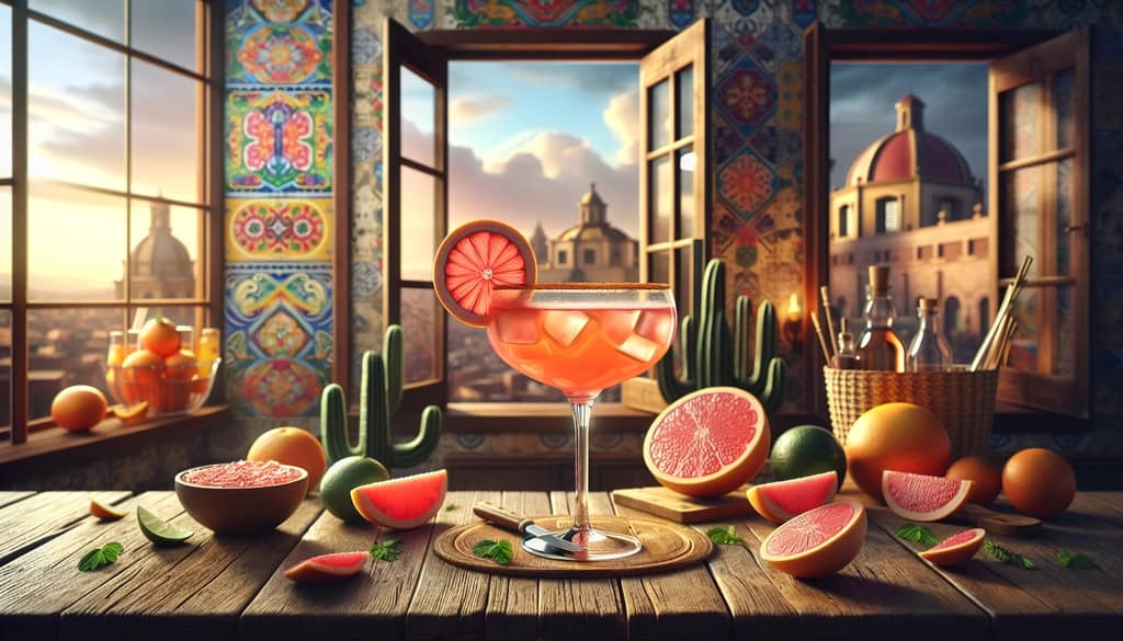 A refreshing Paloma cocktail with a bright grapefruit hue, symbolizing its Mexican origins and global appeal.
