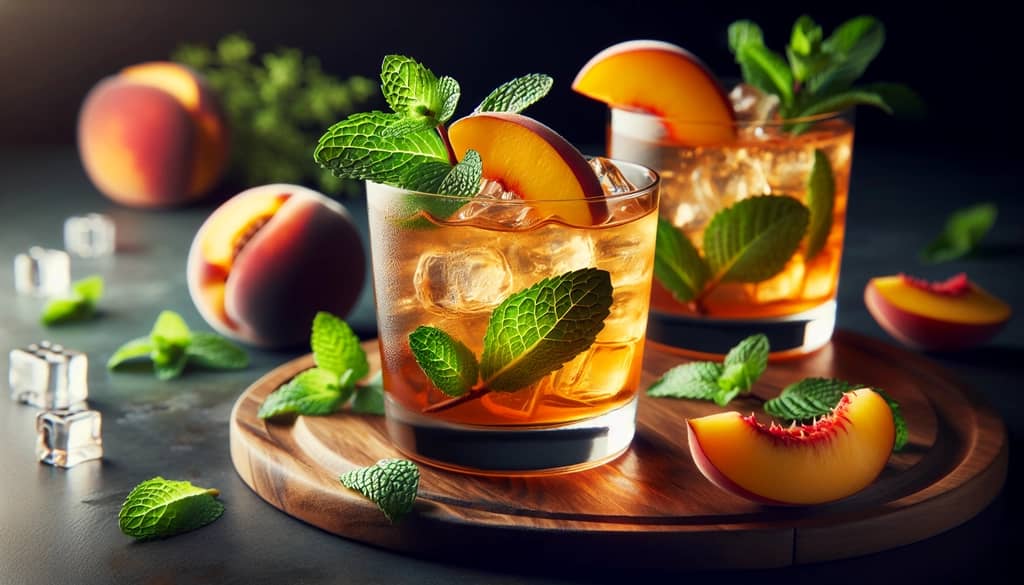 A refreshing peach bourbon smash cocktail garnished with fresh mint leaves in a glass.