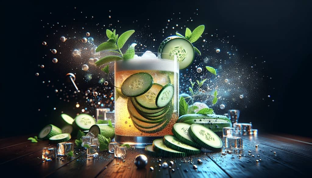 A refreshing Southside Fizz cocktail garnished with cucumber slices and mint