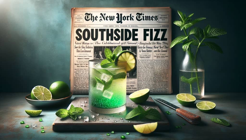 A refreshing Southside Fizz cocktail garnished with mint and lime, capturing the classic essence celebrated in The New York Times articles
