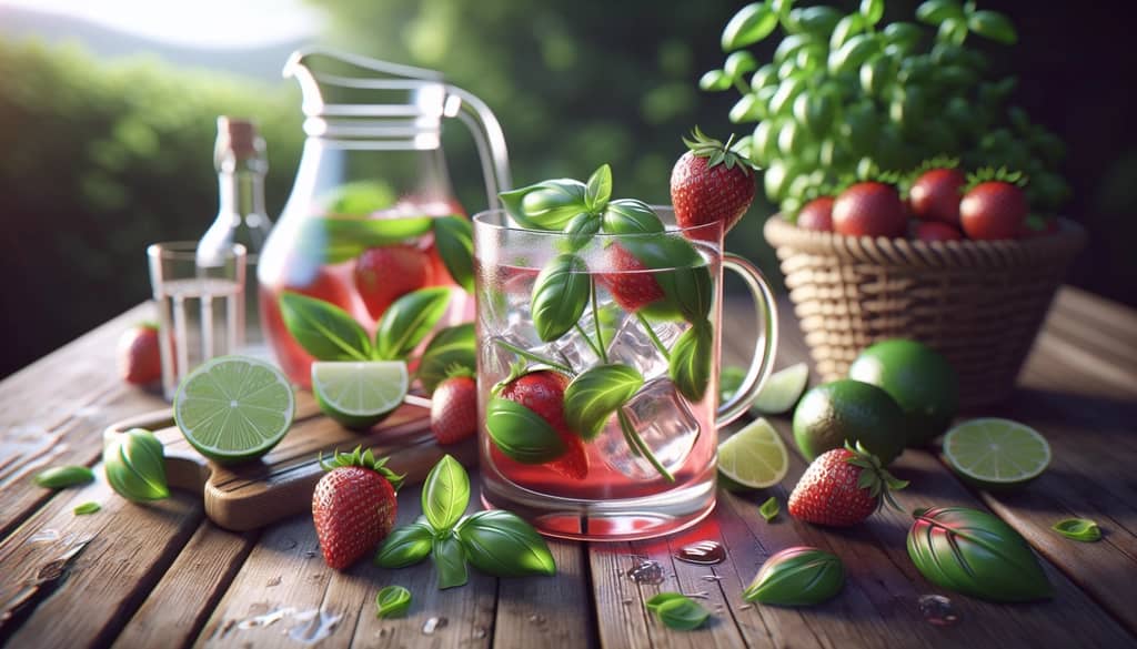A refreshing strawberry basil vodka cocktail featuring fresh basil leaves and lime, perfect for a herbal twist.