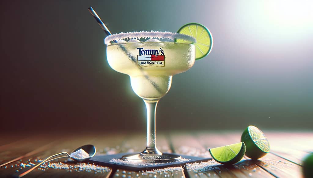 A refreshing Tommy's Margarita in a salt-rimmed glass with a lime garnish, epitomizing its iconic status in the cocktail world.
