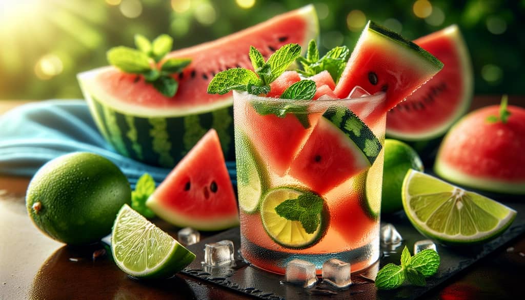 A refreshing watermelon mule cocktail with fresh watermelon slices, mint, and lime, embodying the essence of summer.