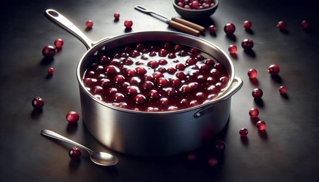 A saucepan filled with glistening classic cranberry bourbon sauce, highlighting its rich color and simplicity.