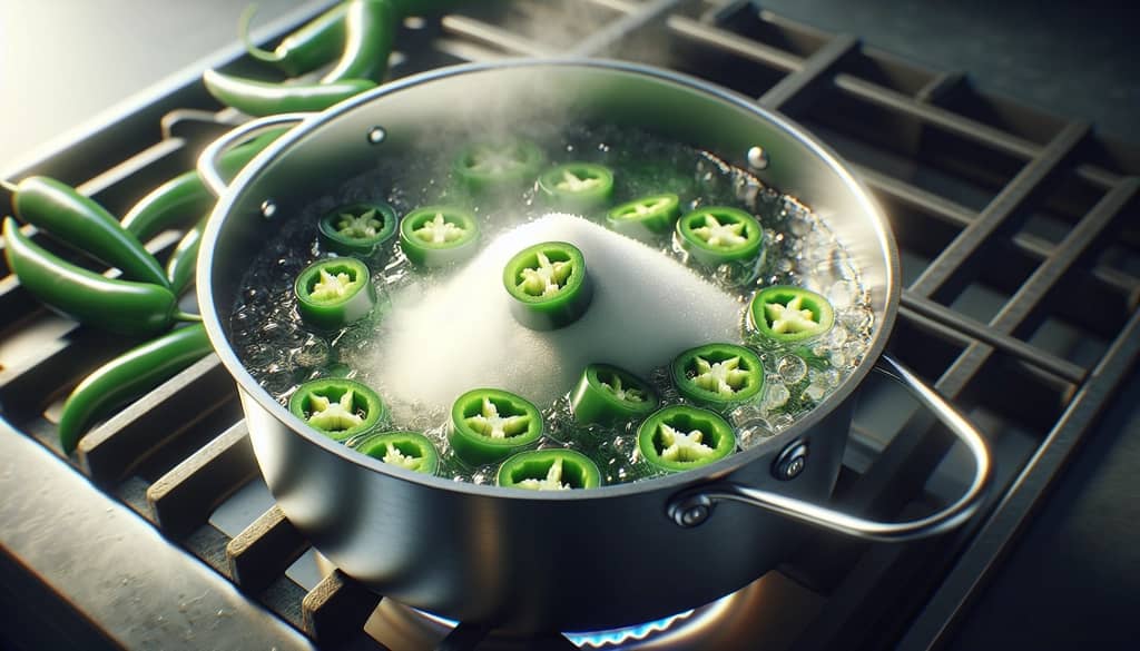 A saucepan filled with water, sugar, and sliced jalapeños simmering on a stovetop