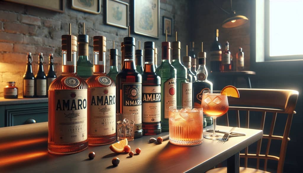 A selection of amaro bottles and a refreshing spritz cocktail, epitomizing the journey of discovering the best amaro-based spritz.