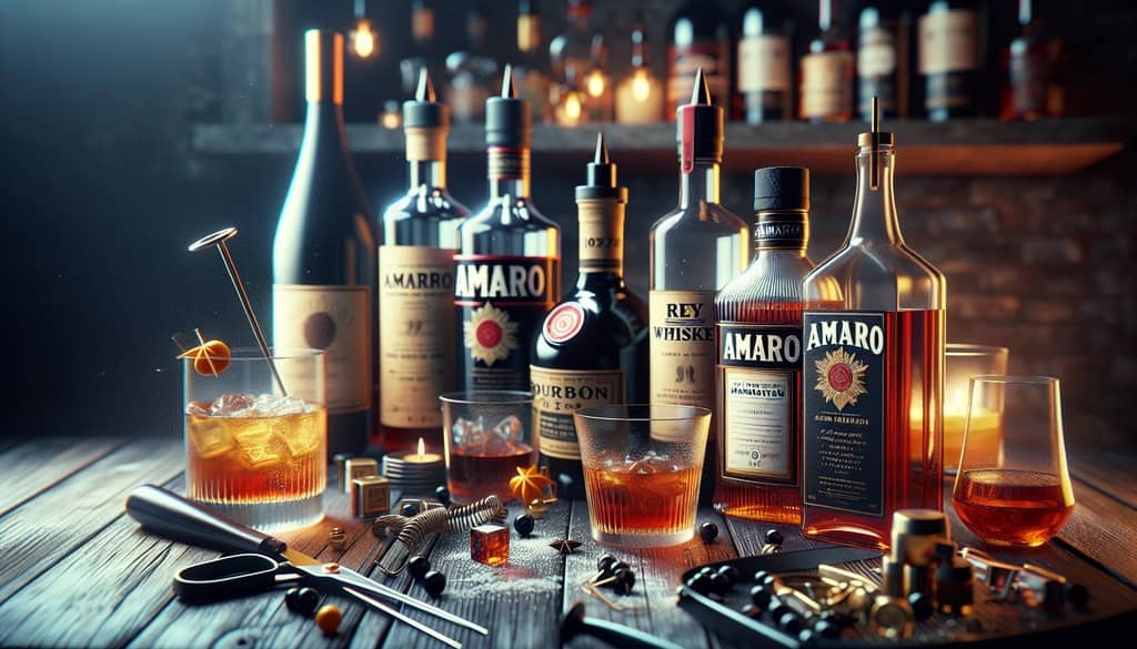 A selection of amaro bottles next to bottles of bourbon and rye whiskey, illustrating the key ingredients for crafting a Black Manhattan
