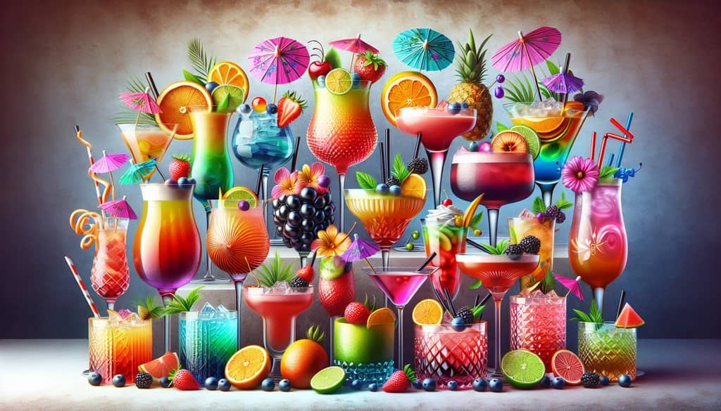 A selection of bold and flavorful party cocktails with creative garnishes and inventive elements.