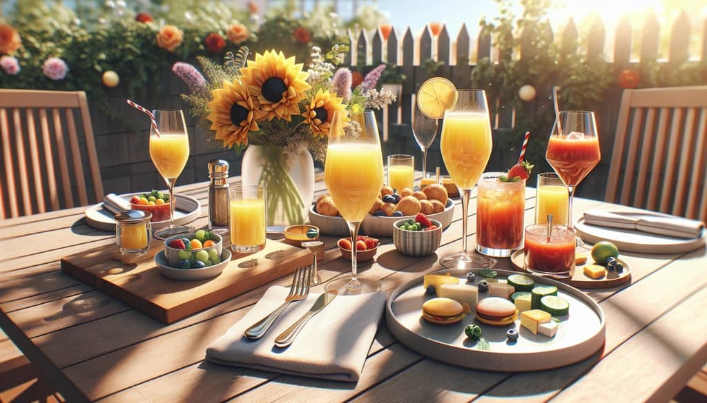 A selection of colorful brunch cocktails, including mimosas and bloody marys, set against a sunny breakfast table.