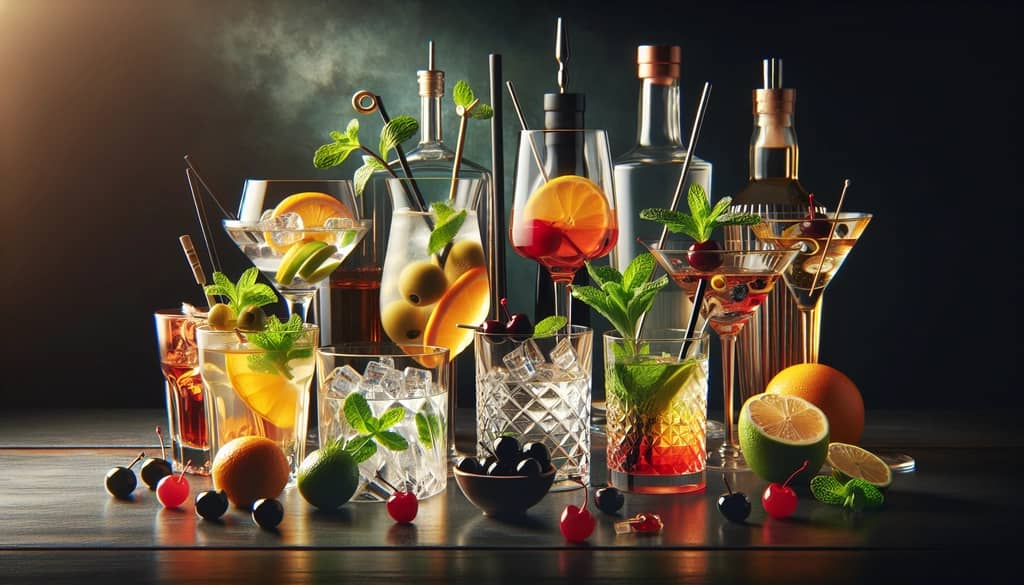 A selection of common cocktail mixers and additions, showcasing their role in enhancing drink flavors and presentation
