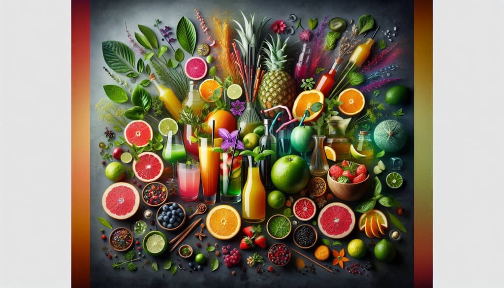 A selection of creative mocktail ingredients including fresh juices, herbs, and garnishes