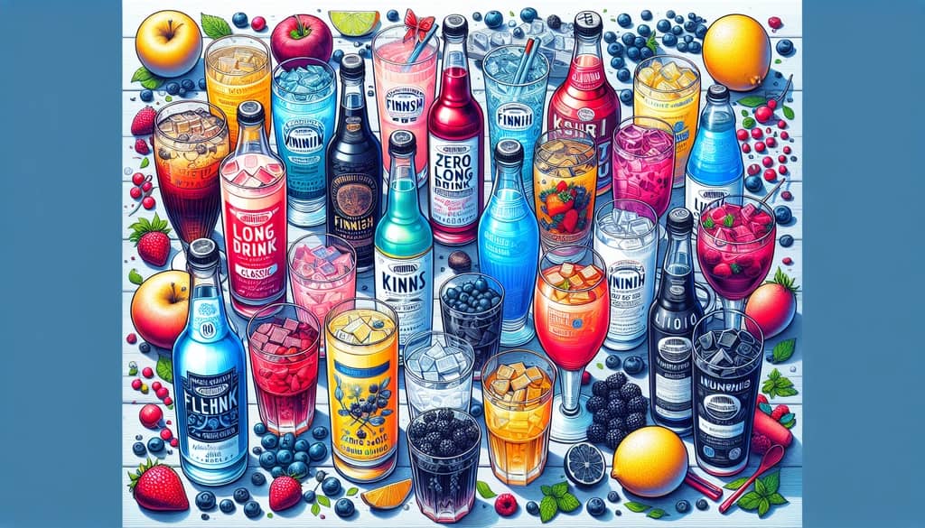 A selection of Finnish Long Drink flavors including classic, zero sugar, and berry-infused options