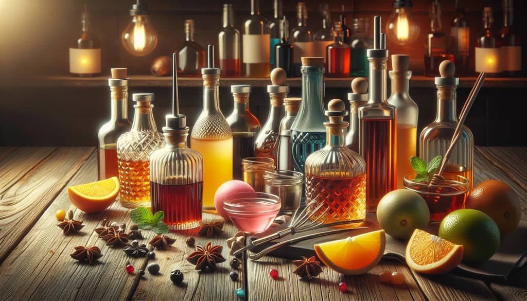 A selection of flavorful syrups used in cocktails to add sweetness and complexity