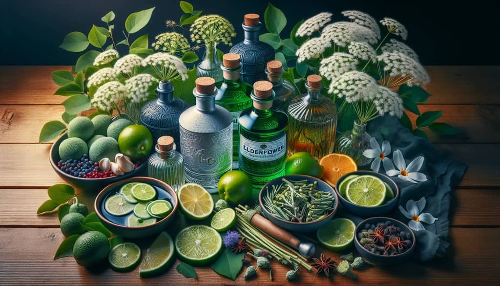 A selection of gin and elderflower ingredients artfully arranged, emphasizing their harmonious flavor pairing