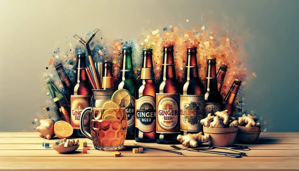 A selection of ginger beer bottles, both alcoholic and non-alcoholic, perfect for creating the ideal Moscow Mule