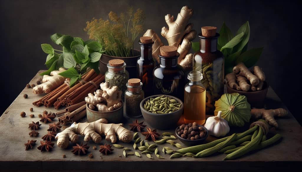 A selection of herbs such as ginger, cardamom, and gentian root used in crafting bitters for digestive support.