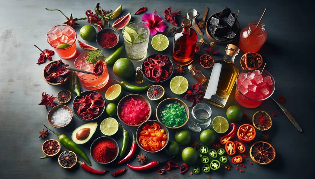 A selection of ingredients including mezcal, hibiscus syrup, fresh lime, and jalapeños ready to make a Spicy Hibiscus Mezcal Margarita.