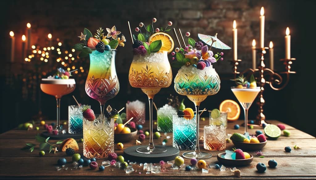 A selection of intricately designed wedding cocktails, featuring colorful garnishes and sophisticated glassware, showcasing the artistry of wedding mixology.