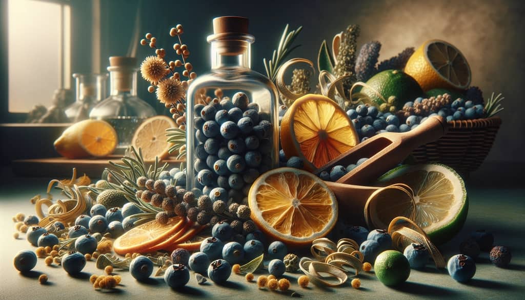 A selection of juniper berries and citrus peels used to replicate the gin flavor