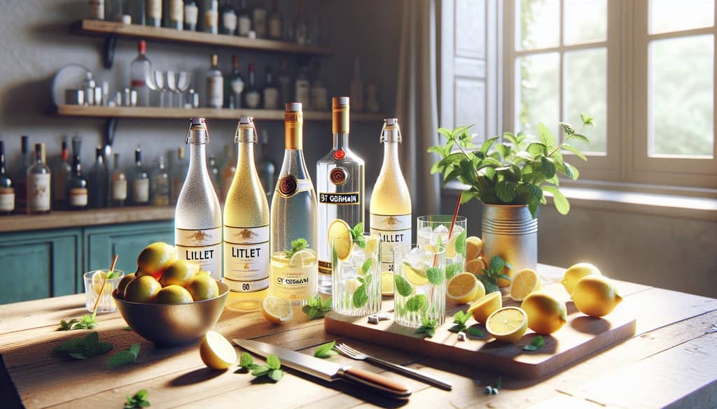 A selection of Lillet and St Germain bottles with fresh lemons and mint, ready to craft a delightful spritz cocktail