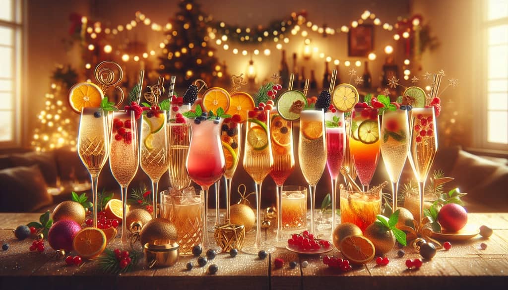 A selection of New Year's cocktails featuring champagne flutes and festive garnishes.