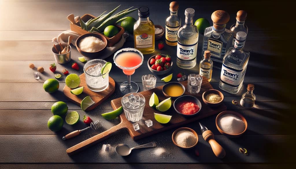 A selection of premium ingredients for making a perfect Tommy's Margarita, showcasing tequila, lime, and agave nectar.