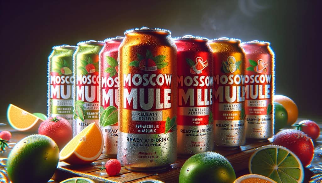 A selection of ready-to-drink non-alcoholic Moscow Mule cans, ideal for quick and easy enjoyment