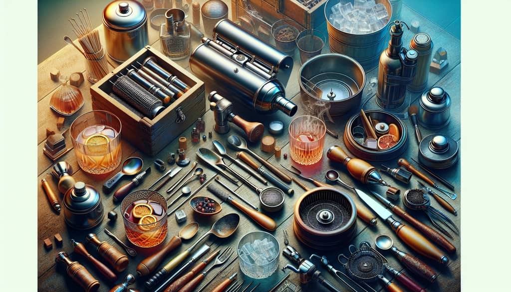A selection of smoker kits laid out, showing essential tools for crafting a Smoked Old Fashioned cocktail.