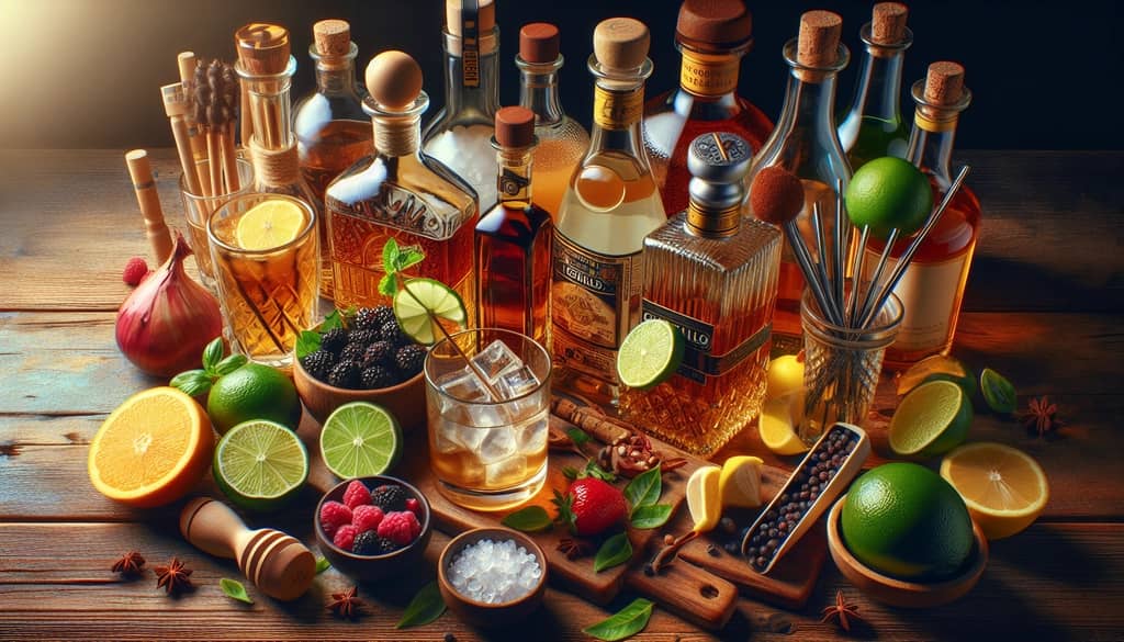 A selection of tequila bottles and cocktail ingredients used to customize drinks