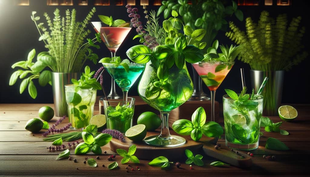 A selection of vibrant herbal cocktails highlighting the refreshing and aromatic qualities of herbs like basil and mint.