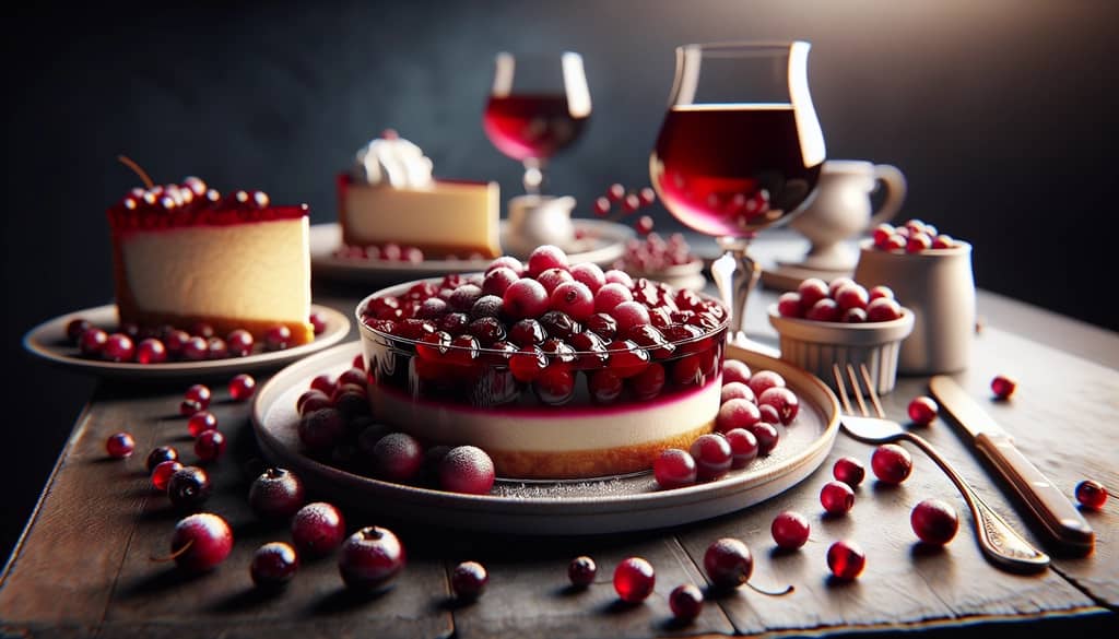 A serving of cranberry bourbon compote elegantly paired with cheesecake, showing its versatility in sweet dishes.