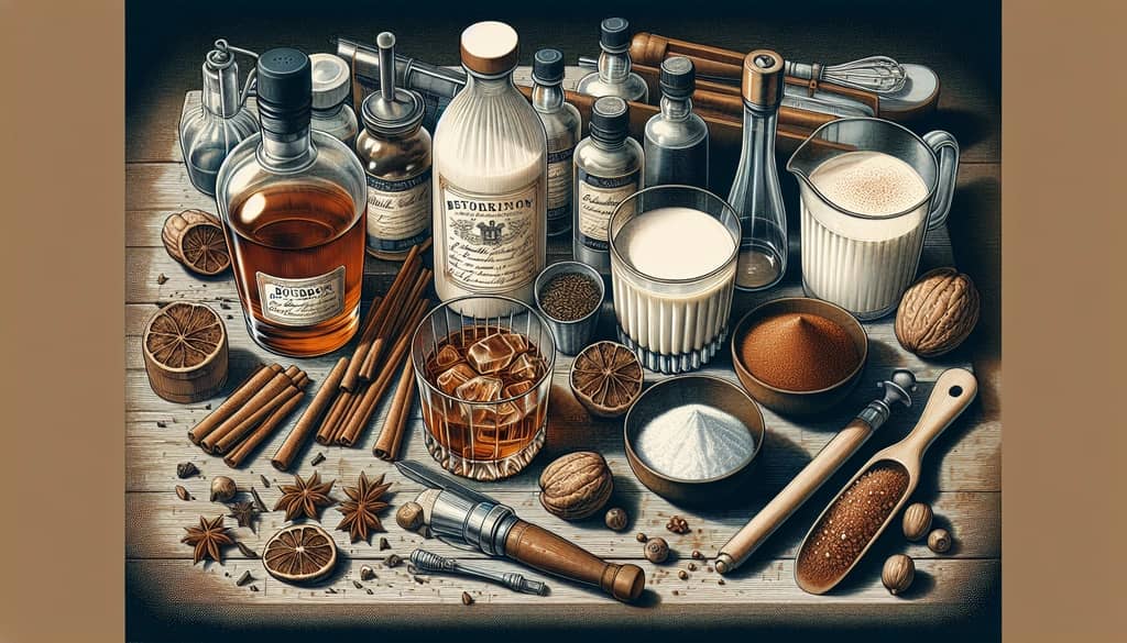 A set of cocktail ingredients laid out for making Bourbon Milk Punch, including bourbon, milk, and nutmeg