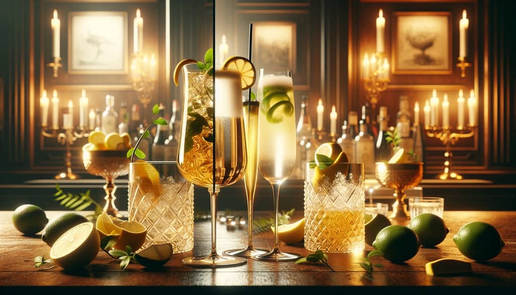 A side-by-side comparison of French 76 and French 75 cocktails, highlighting their distinct ingredients and historical roots