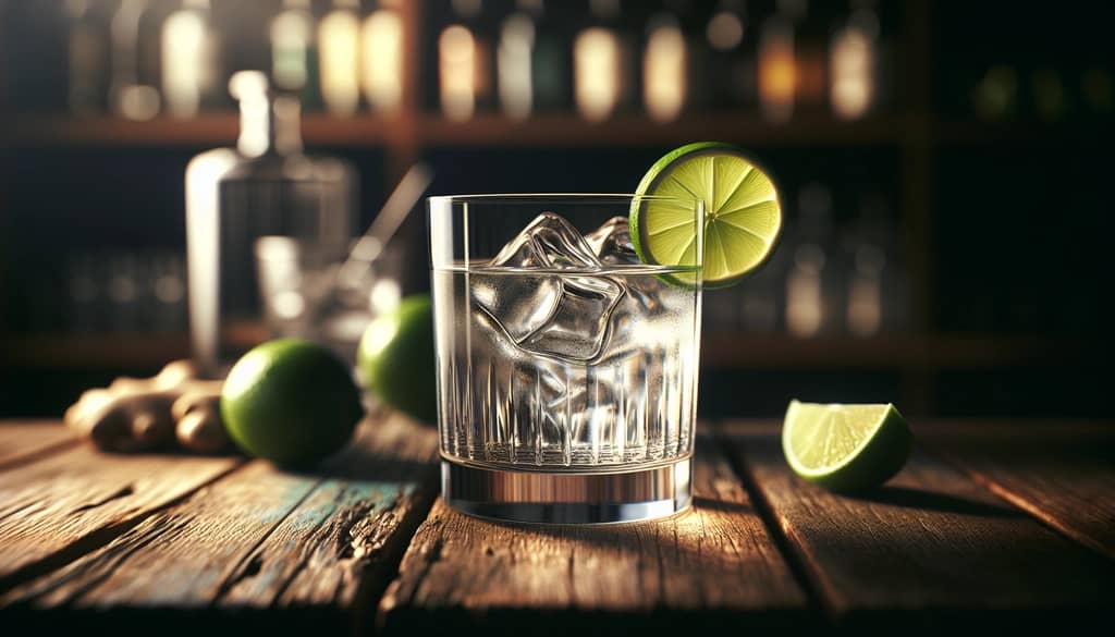 A simple but elegant vodka ginger cocktail garnished with a lime wedge