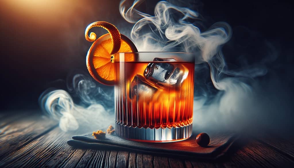 A smoke-infused Mezcal Negroni cocktail elegantly garnished with an orange peel.