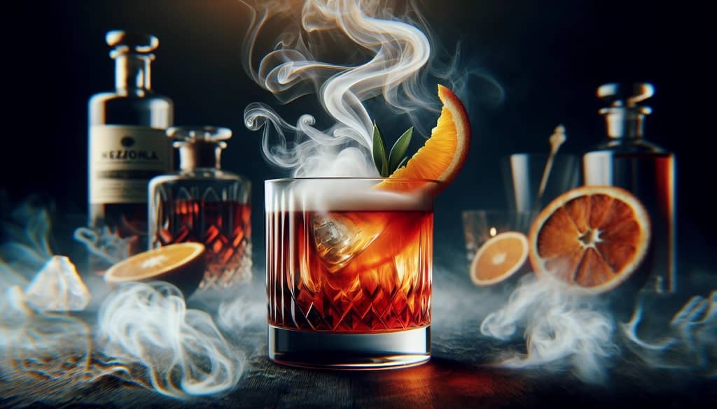 A smokey Mezcal Negroni cocktail with an orange twist, capturing the essence of this bold twist on the classic Negroni.