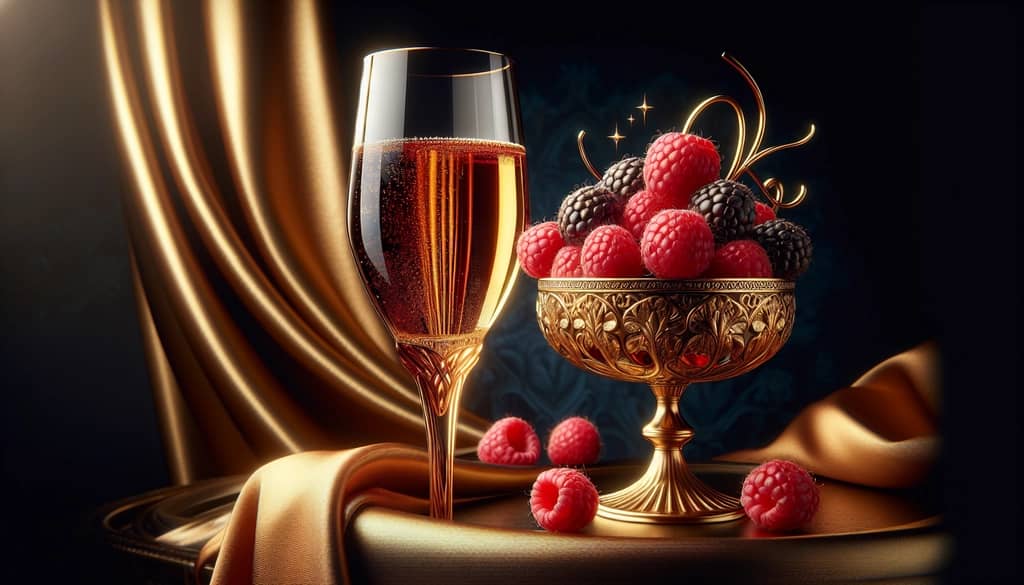 A sophisticated Champagne flute filled with Champagne and Chambord, garnished with a raspberry, representing elegance and celebration.