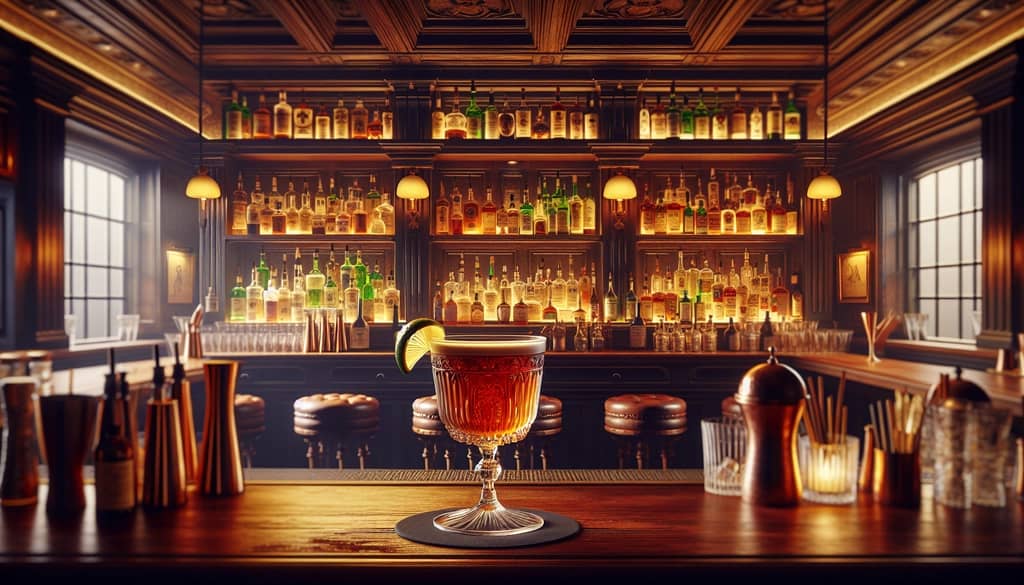 A sophisticated cocktail bar showcasing the Tipperary cocktail, illustrative of its timeless appeal and historical significance.