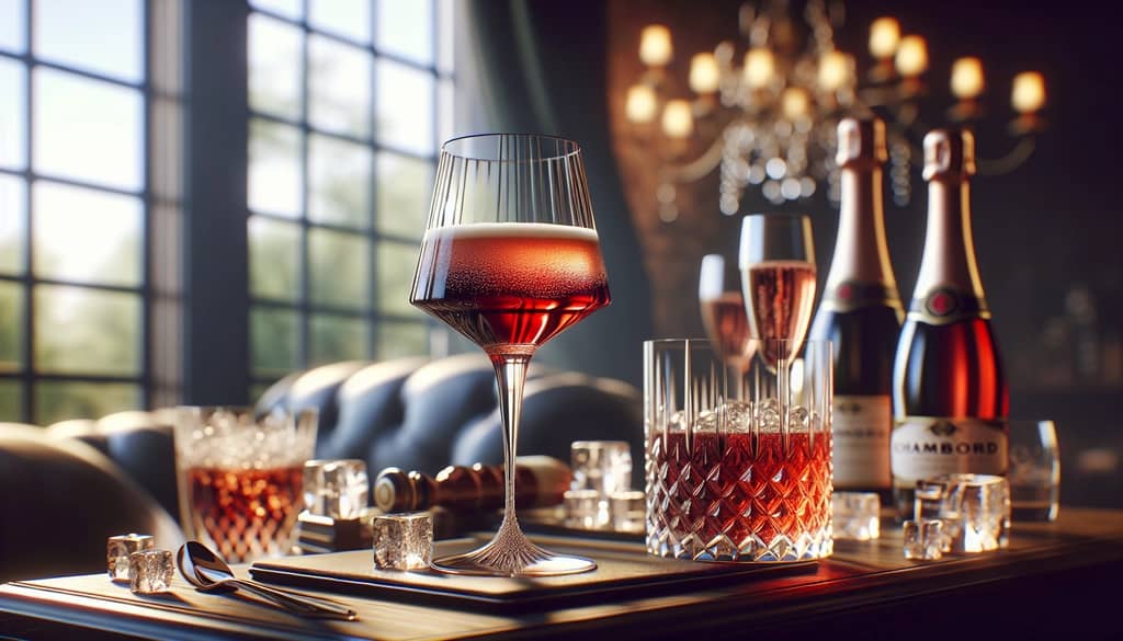 A sophisticated glass of Chambord Royale, featuring a blend of Chambord liqueur and Champagne