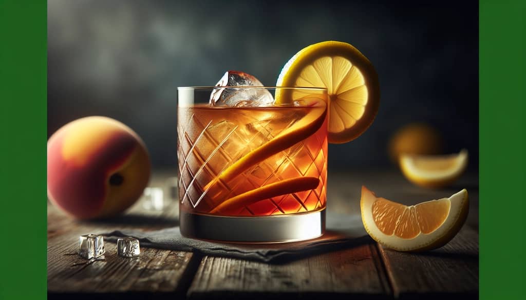 A sophisticated peach shrub bourbon cocktail elegantly displayed with a lemon twist garnish.
