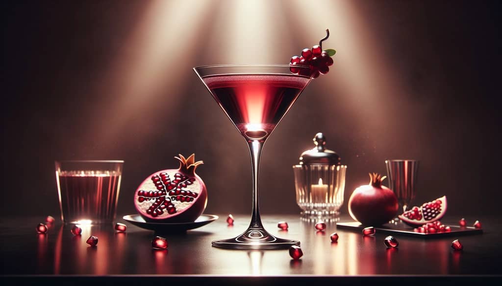 A sophisticated Pomegranate Cosmo cocktail elegantly presented in a chilled martini glass