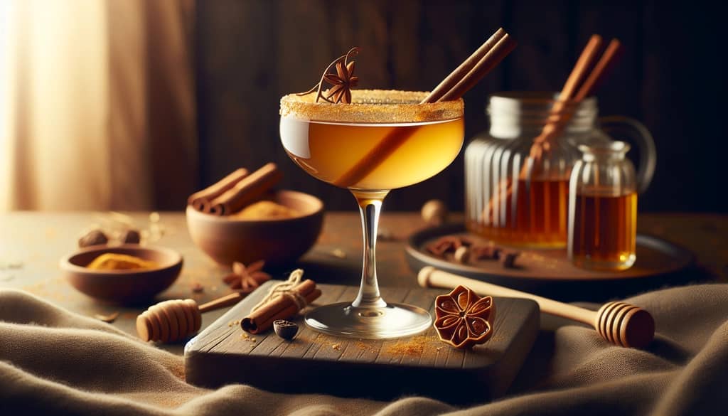 A Spiced Honey Cuban cocktail served in a coupe glass with a cinnamon stick garnish, showcasing a warm, comforting version