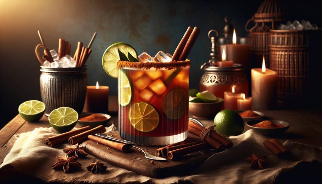 A Spiced Planter's Punch garnished with cinnamon and lime, offering a warm, comforting twist on the classic.