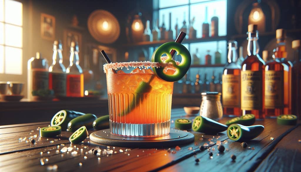 A Spicy Division Bell cocktail with a salted rim and jalapeño slice, adding a fiery twist to the classic drink.