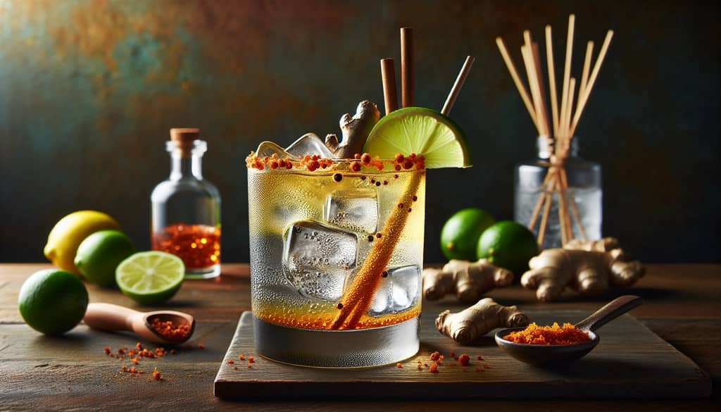 A spicy ginger-infused gin and soda cocktail with ginger bitters and a lime garnish