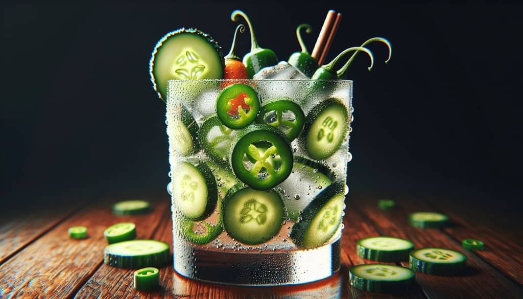 A Spicy Jalapeño Cucumber Margarita, showcasing a tantalizing mix of jalapeños and cucumbers over ice